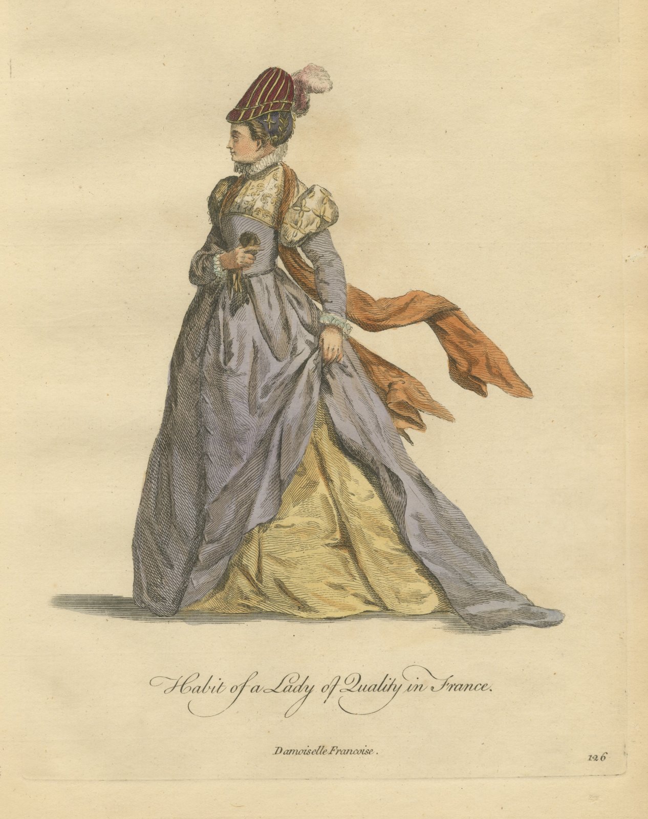 Lady of Quality in France with a Striped Toque, Jefferys Costume Plate, 1757