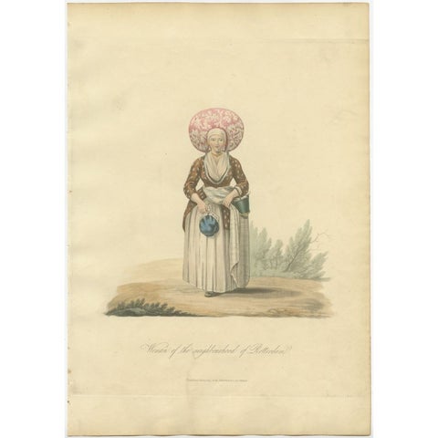 Antique Handcolored Engraving of a woman of the Neighborhood of Rotterdam, 1817, view 2