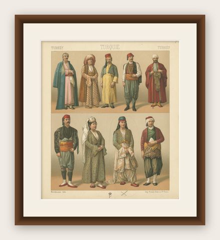 Pl. 75 Antique Print of Turkish Costumes by Racinet, 'circa 1880', shown framed