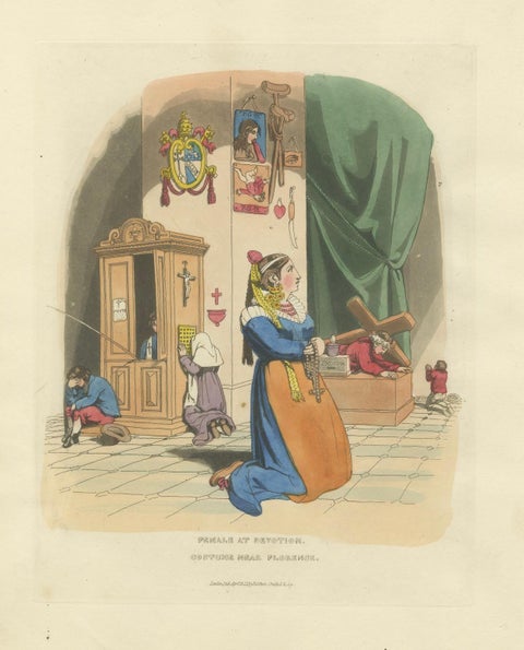 Costume Print: Woman at Devotion, Near Florence, 1820s Hand-Colored Engraving, close-up 6