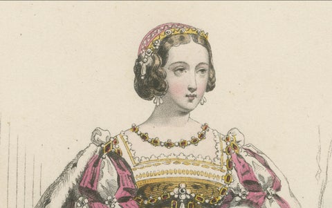 Antique French Costume Print of Eleonore di Austria, Renaissance Fashion, c.1860, close-up 3