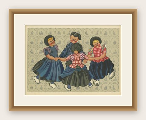 Joyful Children's Round Dance in Spakenburg Costume, Dutch Folk Art Print, 1932, shown framed