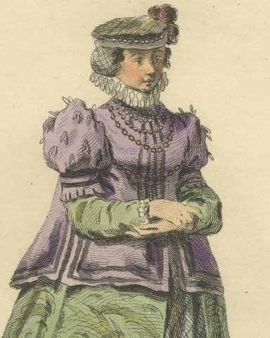 Noblewoman of Swabia in Purple Jacket and Green Skirt, Costume of 1581, 1757, close-up 1