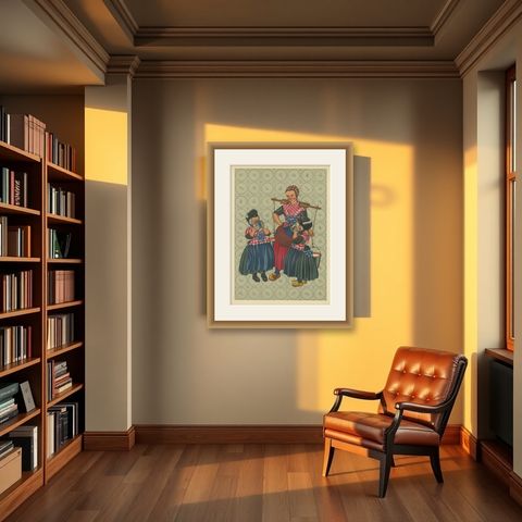 Dutch Folk Costume Print, Everyday Staphorst Dress with Children and Milkmaid, shown framed in a room