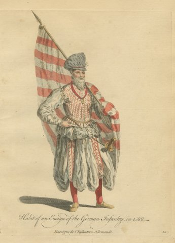 Ensign of the German Infantry with Red and White Flag, Costume of 1588, 1757
