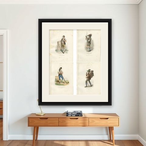 Four Antique Alpine Trades & Folk Costume Engravings, Switzerland & Tyrol, 1850, shown framed on a wall