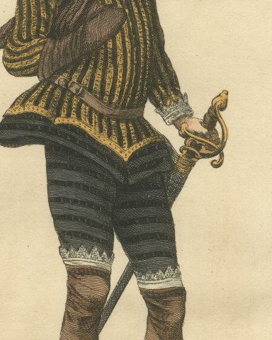 Habit of Sir Philip Sidney in 1580, Hand Colored Jefferys Costume Plate, 1757, close-up 2