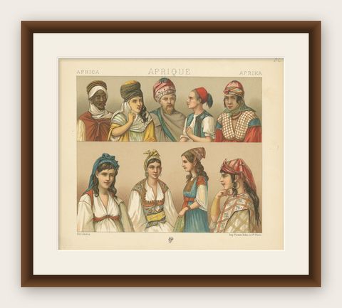 Pl. 82 Antique Print of African Costumes Racinet, 'circa 1880', shown framed