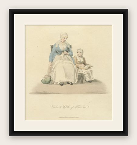 Antique Print of Woman and Child of Friesland in Costume, The Netherlands, 1817, shown framed