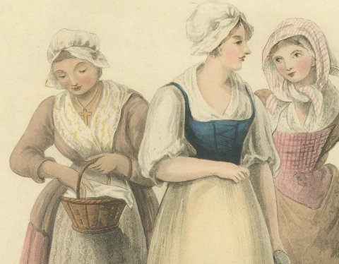 Girls near Valenciennes, French Regional Dress, Antique Print, 1817, close-up 1