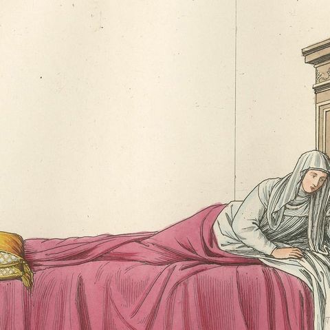 Italian Noblewoman Reclining in Bed, Renaissance Interior Scene, Published 1845, close-up 5