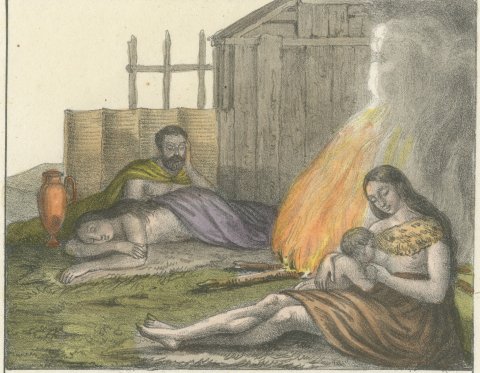 Family Asleep by the Hearth and Two Armed Warriors, Germania, 1842, close-up 1