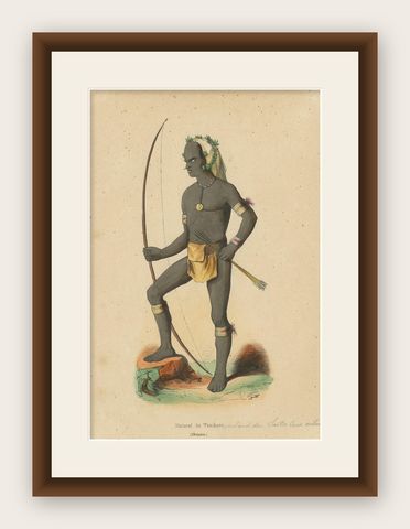 Antique Costume Print of a Warrior of Vanikoro Island by Wahlen, 1843, shown framed