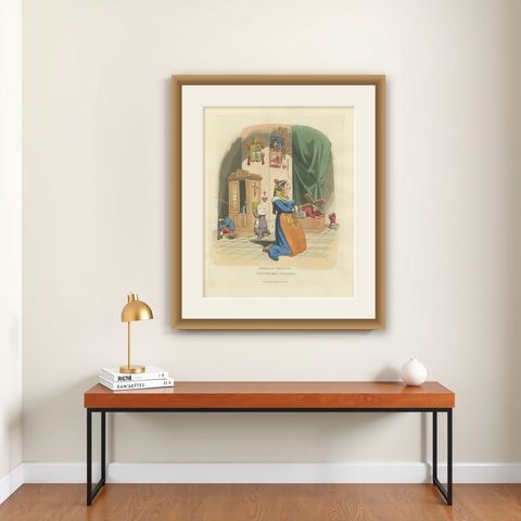 Costume Print: Woman at Devotion, Near Florence, 1820s Hand-Colored Engraving, shown framed on a wall