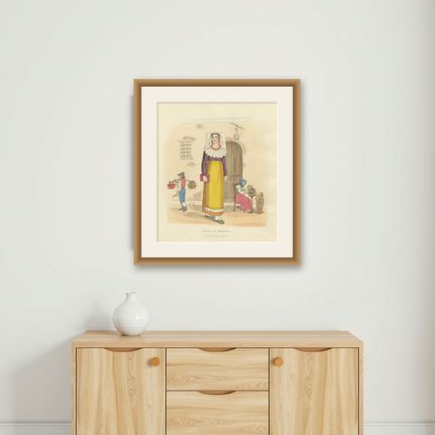 Italian Costume, Female of Vercelli, Hand-Coloured Print by R. Bridgens, 1835, shown framed on a wall