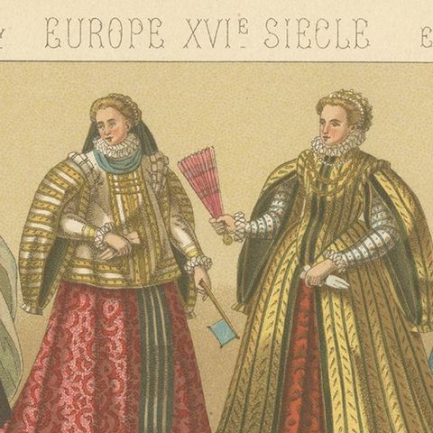 Pl. 64 Antique Print of European XVIth Century Costumes by Racinet, circa 1880, close-up 1