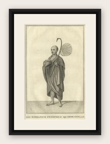 Burmese Monk in His Religious Robe, Antique Costume Print, circa 1800, shown framed