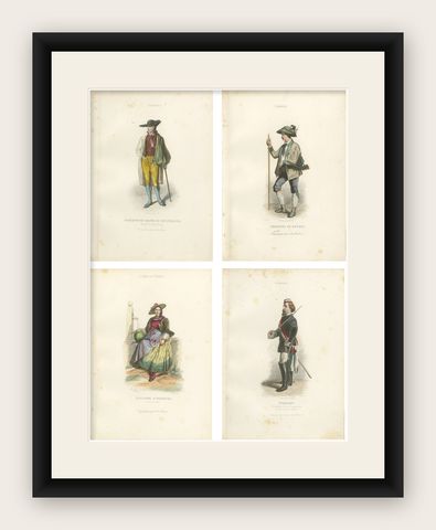 Set of Four Antique German & Bavarian Folk Costume Engravings, circa 1850, shown framed