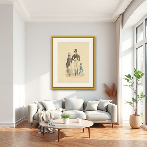 Costume de Printemps, Elegant Early 19th-Century French Fashion Engraving, shown framed in a room
