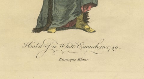 Ottoman Eunuch Costume Print, Hand-Colored Engraving, 1749, close-up 3