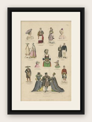 Antique Costume Print of Greece, Java, Scotland and Others, C.1875, shown framed