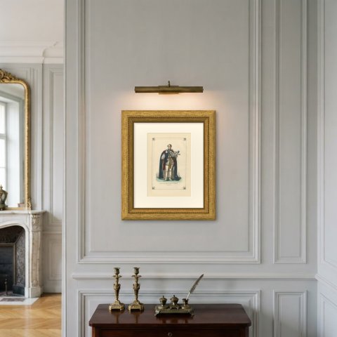 Knight of the Garter, King Leopold I, Hand Colored Wood Engraving, 1844, shown framed on a wall