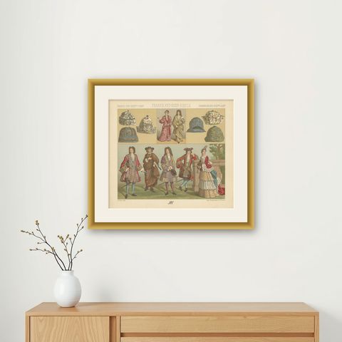 Pl. 108 Antique Print of French 17th-18th Century Costumes by Racinet, shown framed on a wall