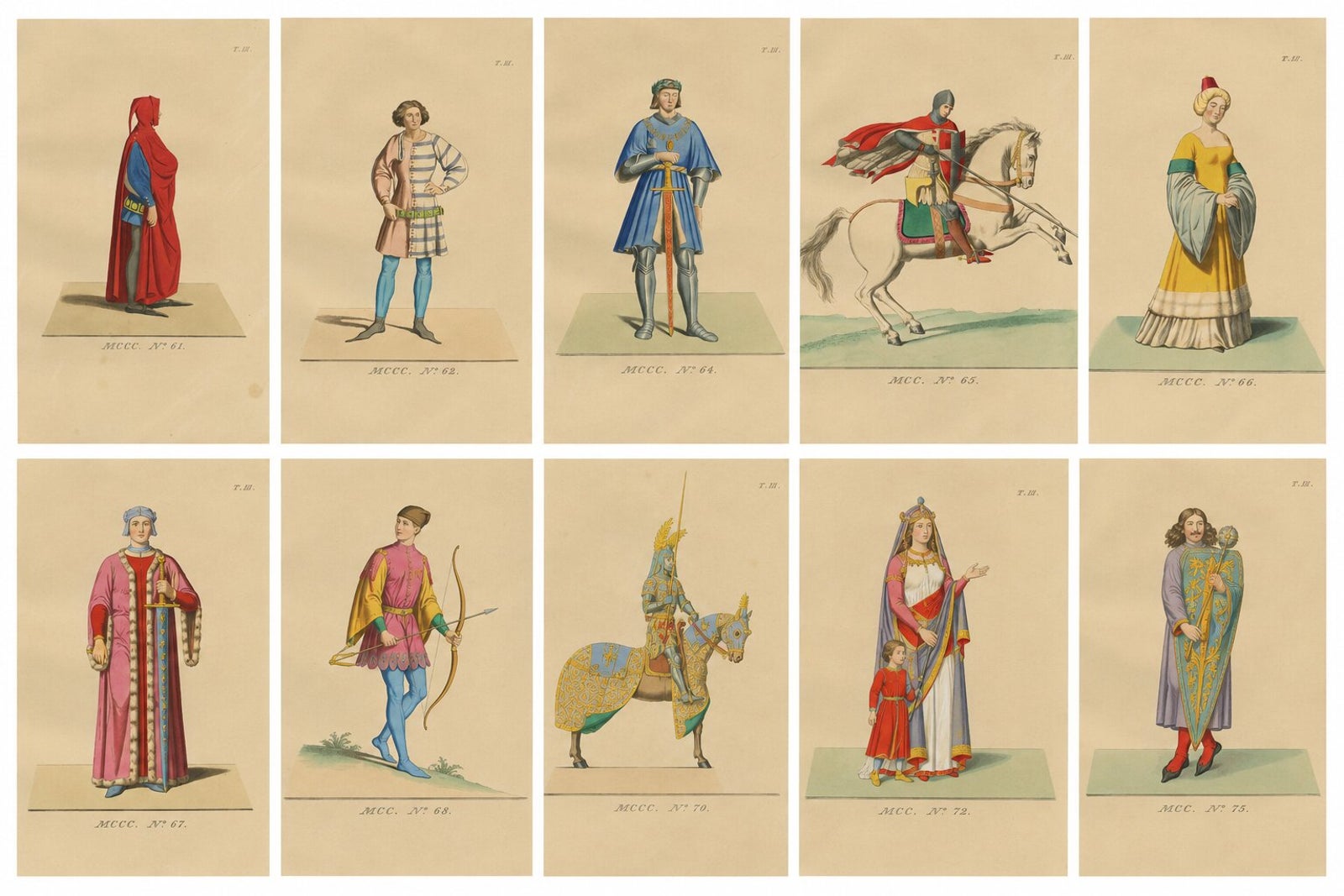 Set of 10 Hand-Colored Medieval Costume Prints by Paul Mercuri, Paris 1845