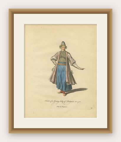 Antique Costume Print Young Lady of Bulgaria Traditional Dress Jefferys, 1749, shown framed