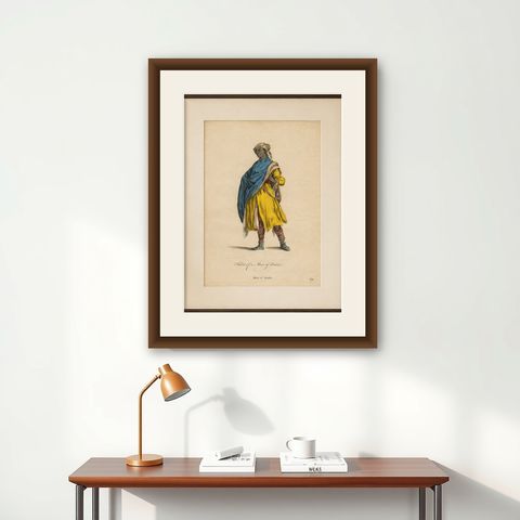 Arabian Moor in Yellow Robe, Antique Hand-Colored Costume Print, 1749, shown framed on a wall
