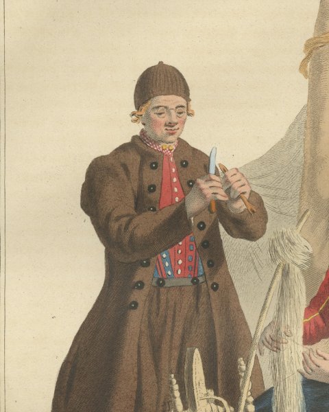 Fisherman and Wife mending the Net, Dutch Costume Print, 1811, close-up 1