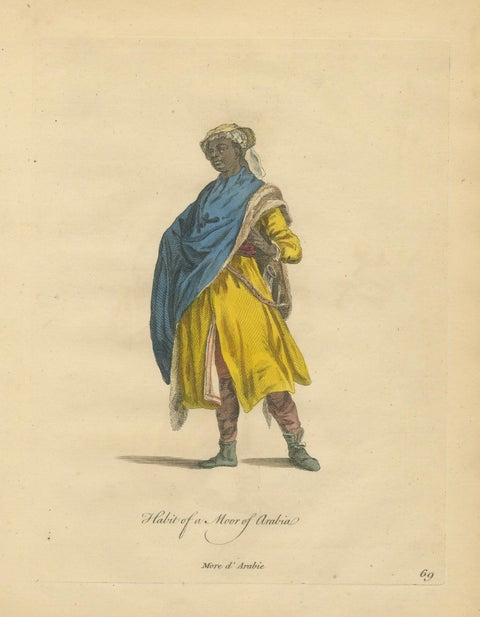 Arabian Moor in Yellow Robe, Antique Hand-Colored Costume Print, 1749, close-up 1