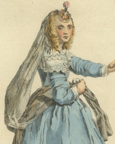 Gentlewoman of Brabant in 1640, Hand Colored Jefferys Costume Plate, 1757, close-up 1