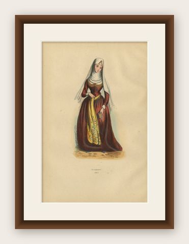 Exquisite 1844 Lithograph of Traditional Georgian Woman in Full Attire, shown framed