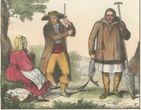 Estonians, an Ostyak and a Lapp Camp, Hand Colored Lithograph, 1842, close-up 1