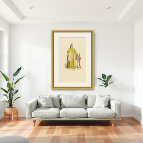 Civic Pride: A Podestà's Robe in 'Costume du Moyen Âge', Genuine Lithograph 1847, shown framed in a room