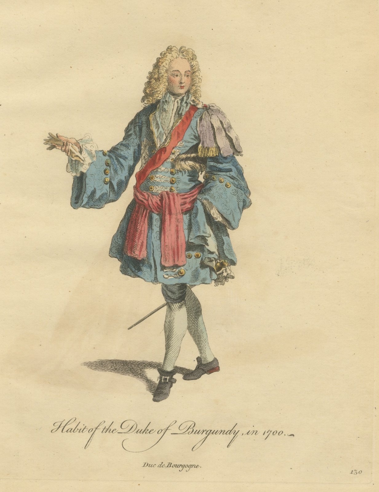 Duke of Burgundy in 1700, Hand Colored Jefferys Costume Engraving, 1757