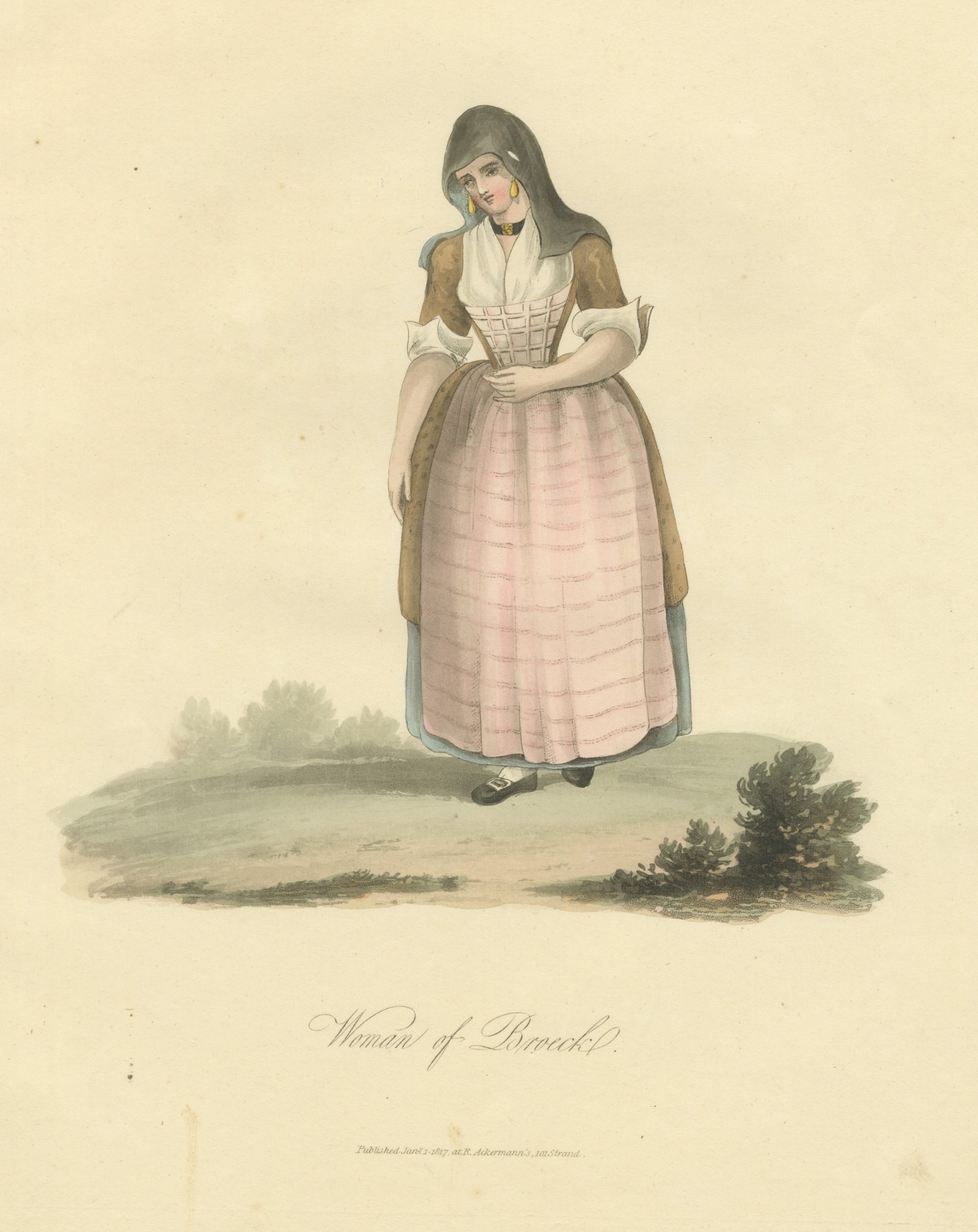 Woman of Broeck, Dutch Regional Dress, Antique Ackermann Print, 1817