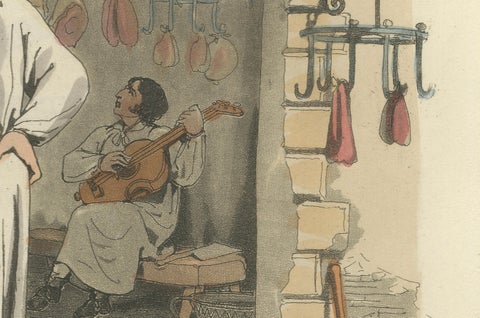 Costume Print: Roman Butcher at Work, 1820s Hand-Colored Engraving, close-up 3