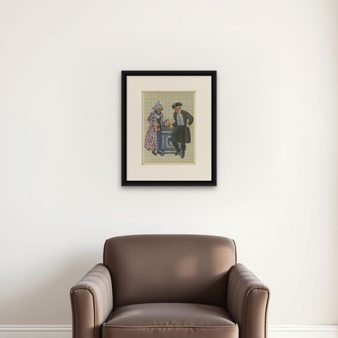 Mourning Dress in Hindeloopen with Delft Stove, 1932 Lithograph, shown framed on a wall
