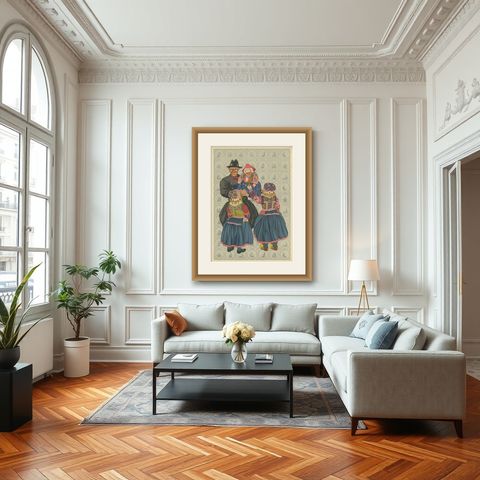 Traditional Dutch Costume from Marken, Men and Children in Festive Dress, 1932, shown framed in a room