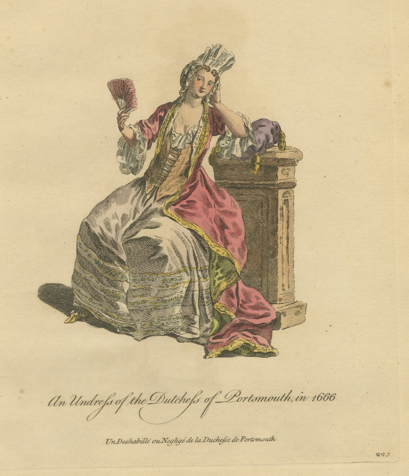 Duchess of Portsmouth in Undress, Seated with Fan, Jefferys Costume Print, 1757