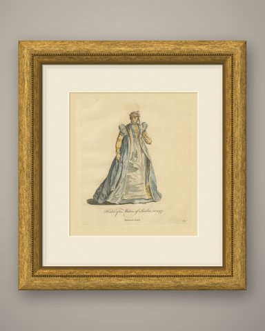 Matron of Swabia in Fur-Trimmed Blue Gown, Costume of 1577, Jefferys 1757, shown framed