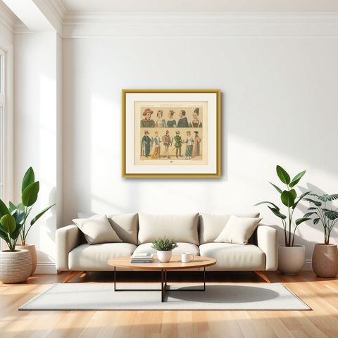 Pl. 20 Antique Print of European Costumes by Racinet, circa 1880, shown framed in a room