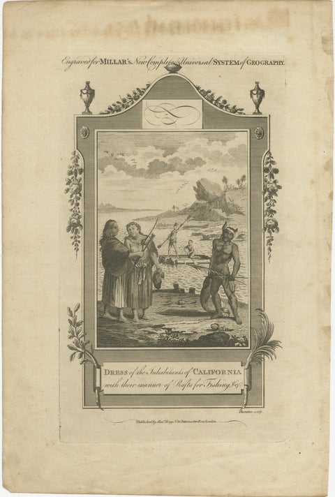 California Indigenous Dress & Fishing Rafts, Early Ethnographic Engraving 1754, view 2