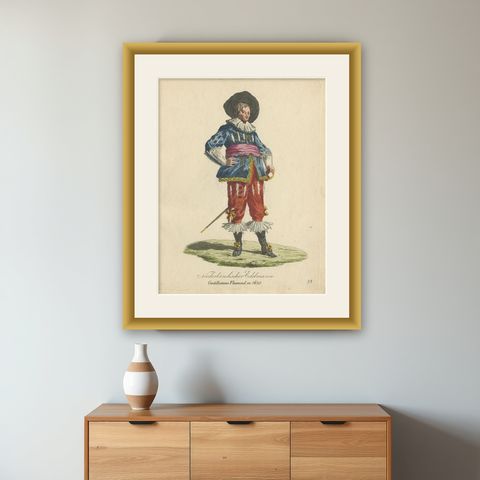 Rare Antique Hand-Colored Print of a Dutch Nobleman in 1620, Published in 1805, shown framed on a wall