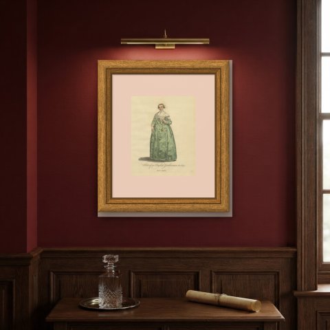 English Gentlewoman in 1640, Green Gown and Lace Kerchief, Jefferys Print, 1757, shown framed on a wall