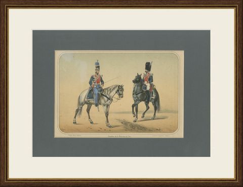 Spanish Cavalry Lithograph by José Villegas: Royal Bodyguards, 1861, shown framed