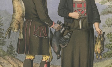 Traditional Dress from Surendal, Norway, Hunting Scene, 19th Century Print, close-up 2