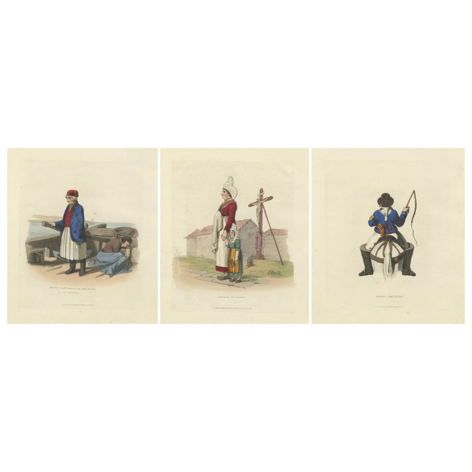 French Costumes and Trades, 3 Finely Coloured Prints by R. Bridgens, 1835